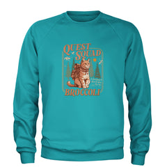 Quest Squad Broccoli Cat Fantasy Reader  Adult Crewneck Sweatshirt Teal