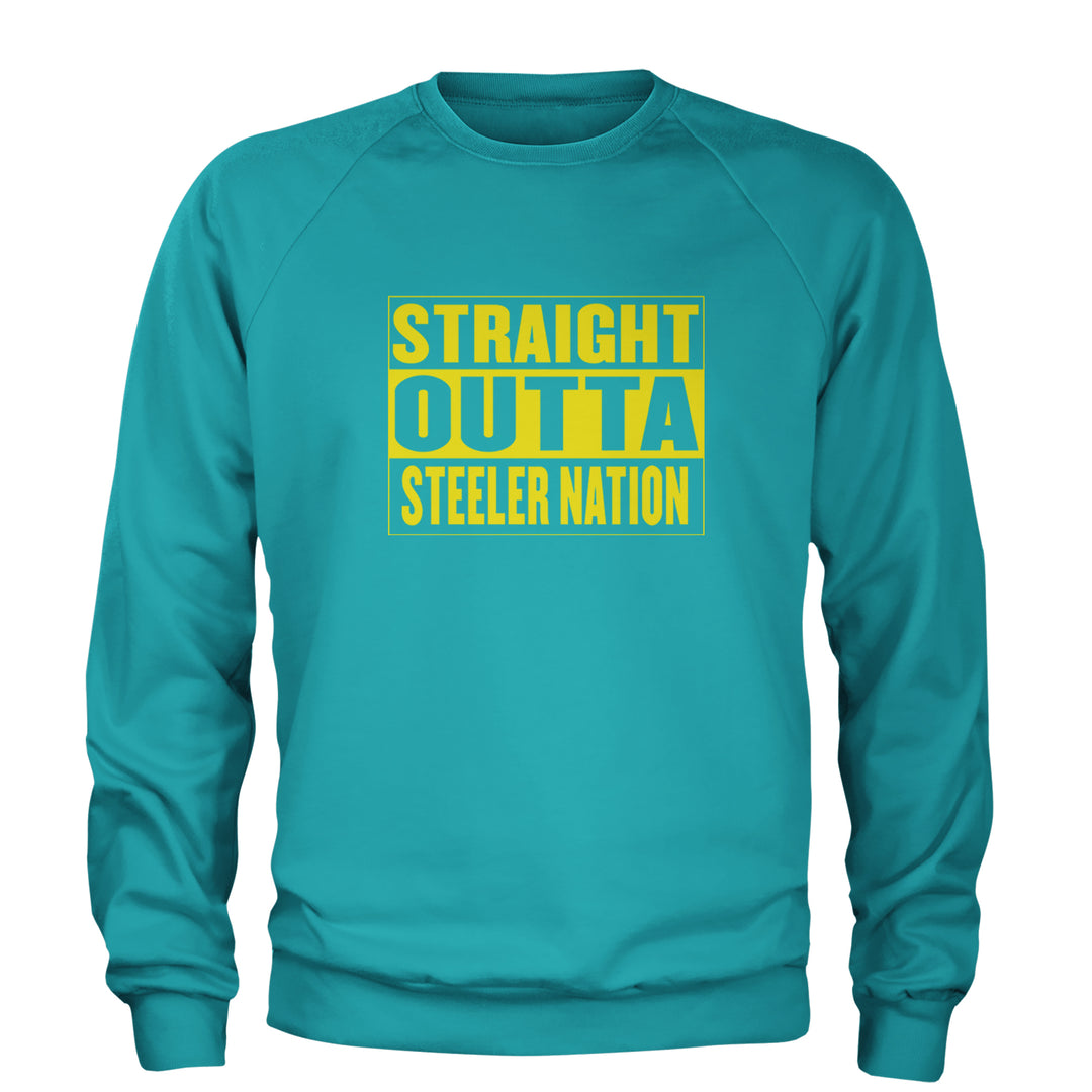 Straight Outta Steeler Nation Football graphic on Unisex Heavyweight Fleece Crewneck Sweatshirt in Teal