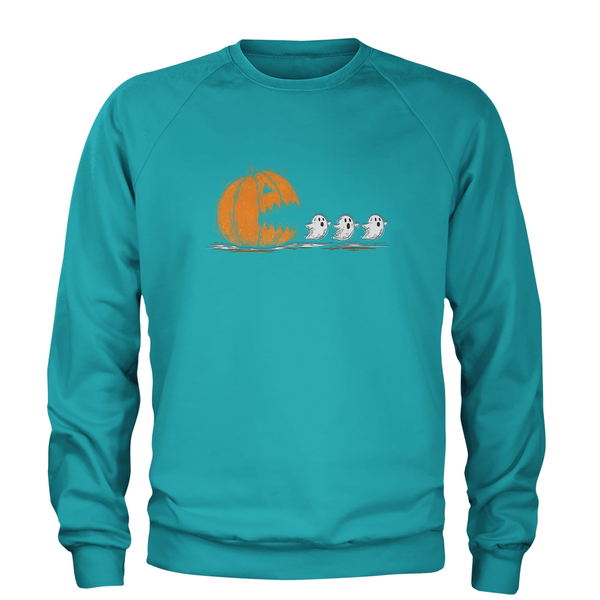 Pumpkin Pacman Chasing Ghosts Halloween Adult Crewneck Sweatshirt Teal