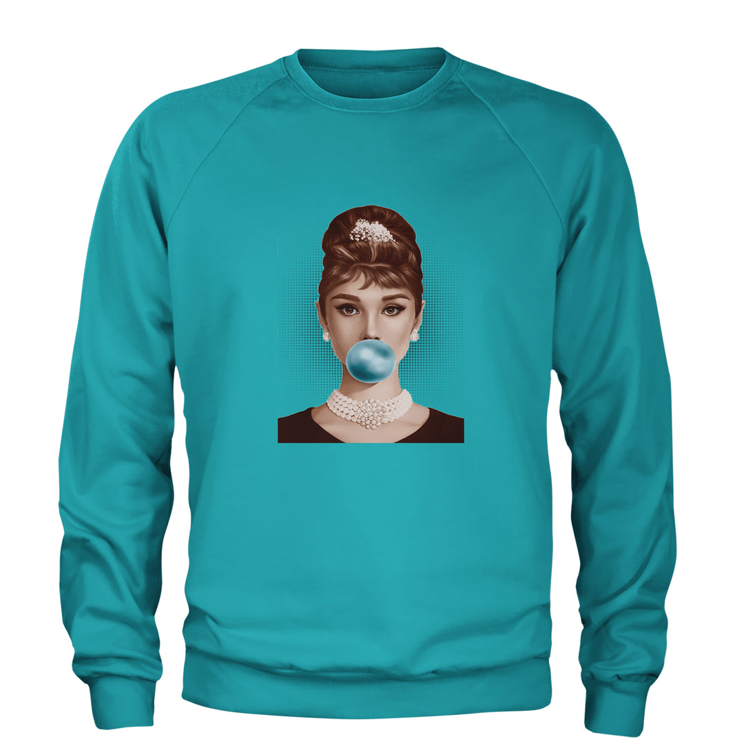 Audrey Hepburn Chewing Bubble Gum American Icon Adult Crewneck Sweatshirt Teal