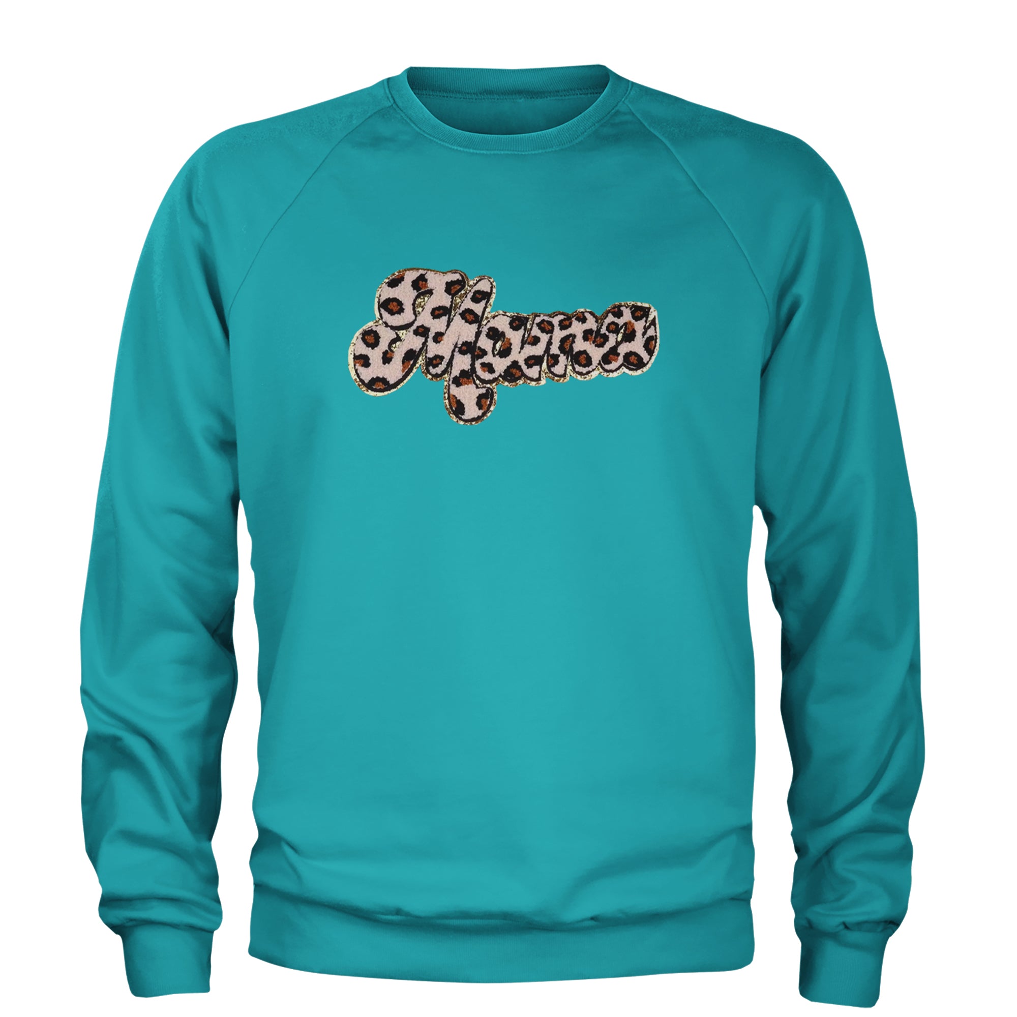 Mama Cheetah Print Glitter Chenille Patch Adult Crewneck Sweatshirt Teal
