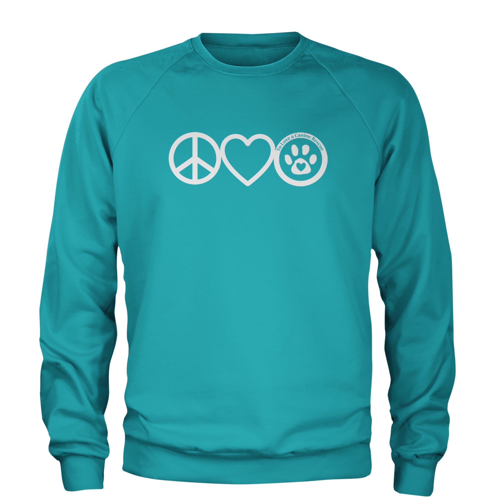 Peace, Love and TLC Dog Rescue Adult Crewneck Sweatshirt Teal
