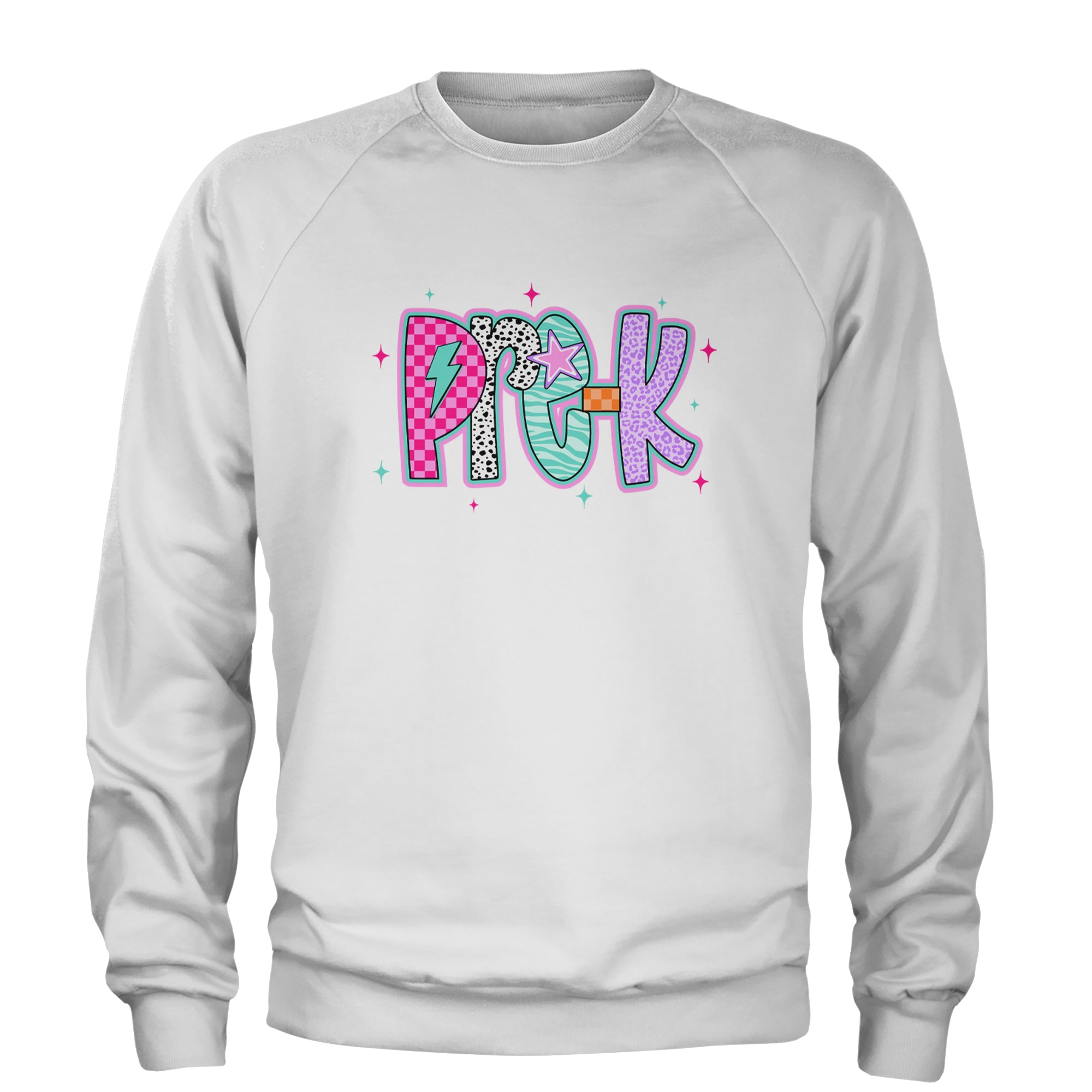 Pre-K Party Time Colorful Back to School Adult Crewneck Sweatshirt White