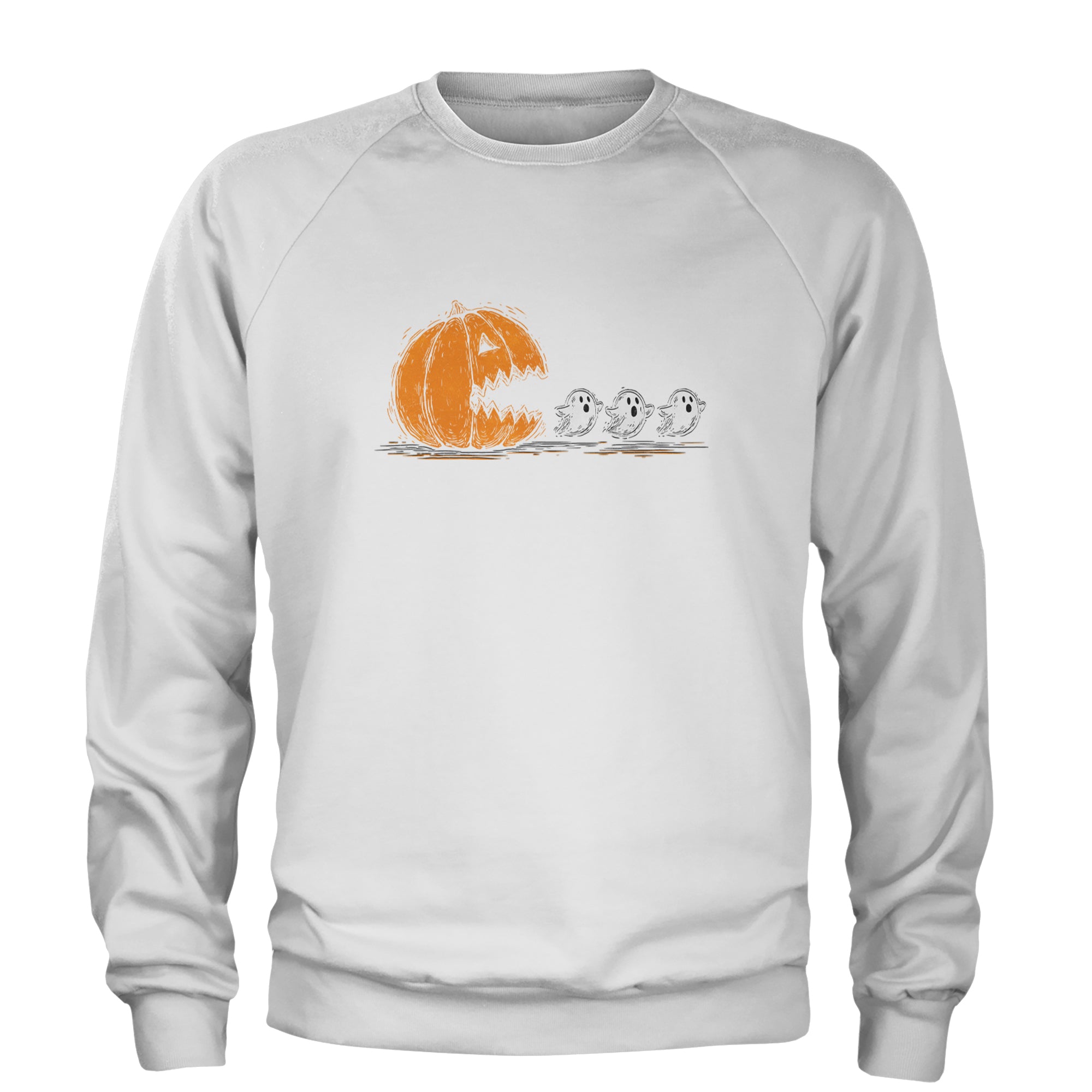Pumpkin Pacman Chasing Ghosts Halloween Adult Crewneck Sweatshirt White