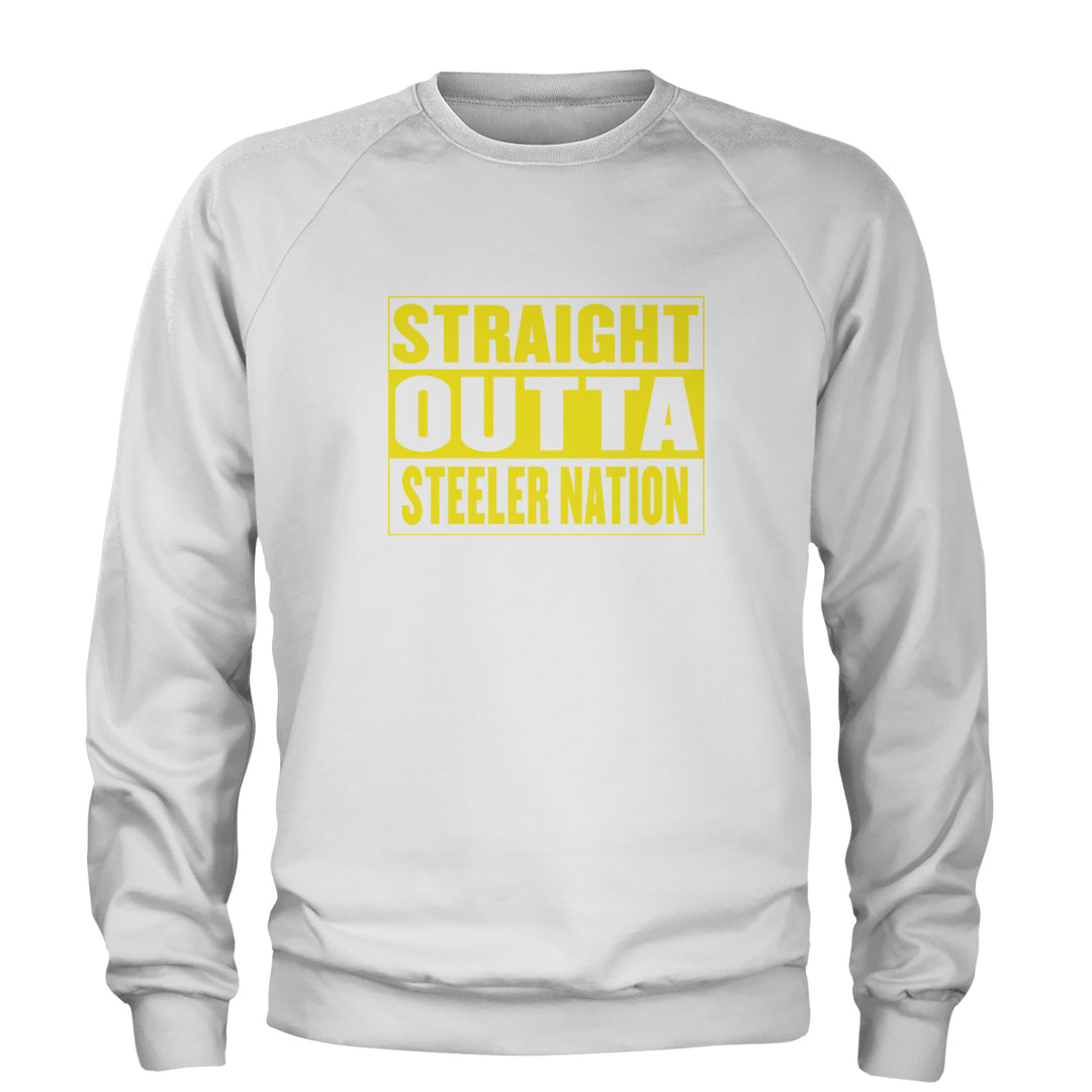 Straight Outta Steeler Nation Football graphic on Unisex Heavyweight Fleece Crewneck Sweatshirt in White