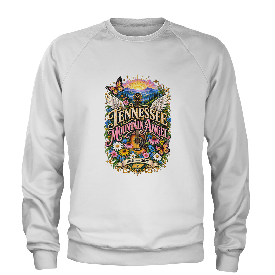 Tennessee Mountain Angel Wings Dolly Adult Crewneck Sweatshirt White