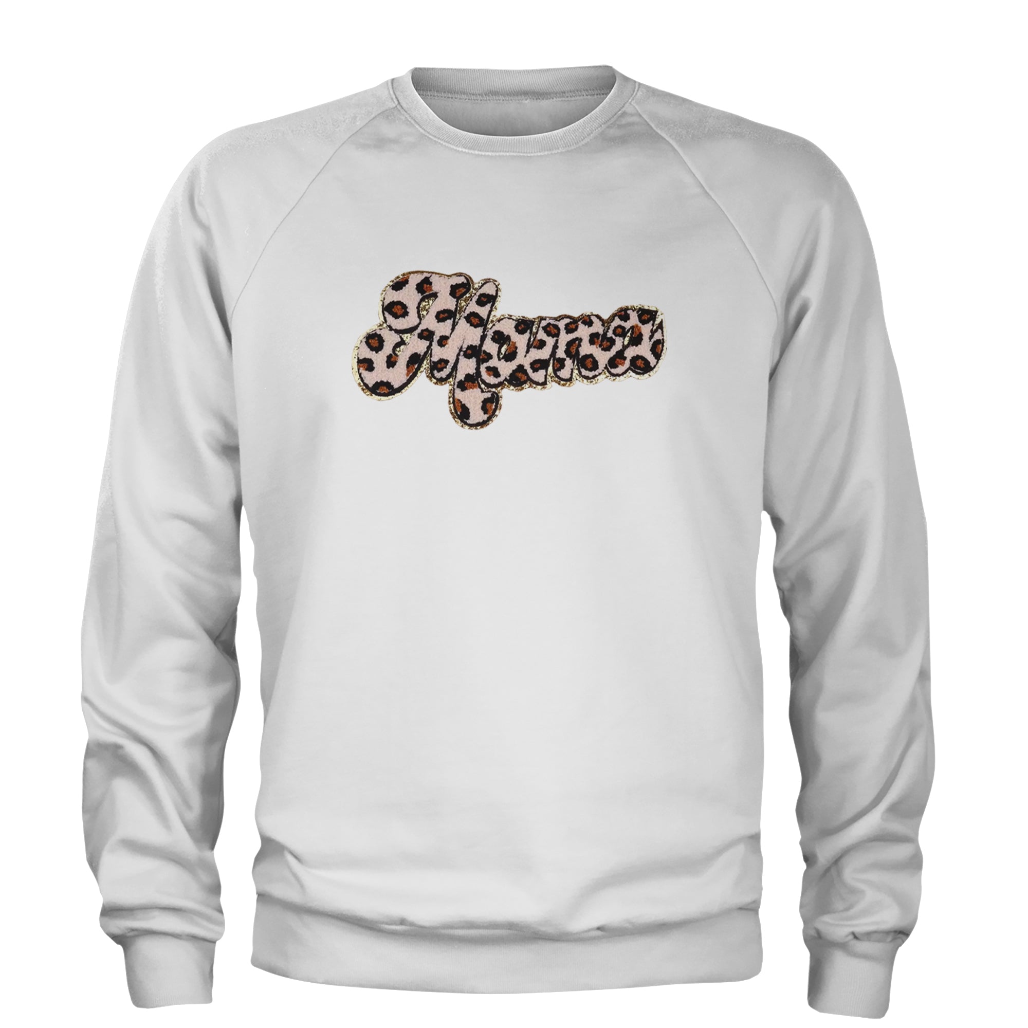 Mama Cheetah Print Glitter Chenille Patch Adult Crewneck Sweatshirt White