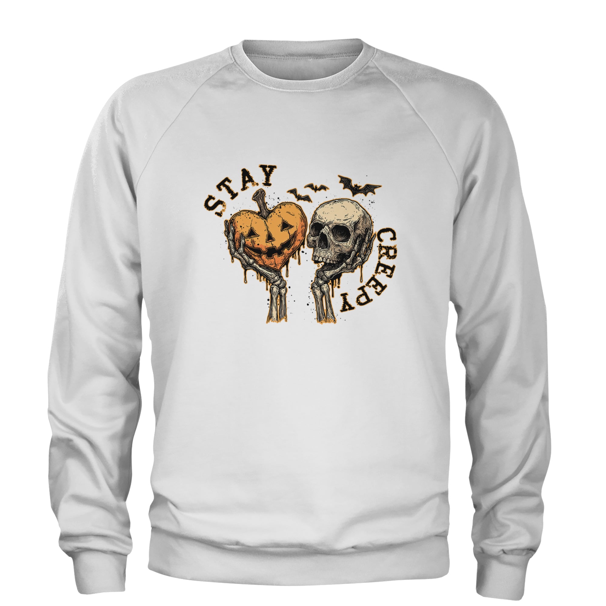 Stay Creepy Skull and Pumpkin Halloween Adult Crewneck Sweatshirt White