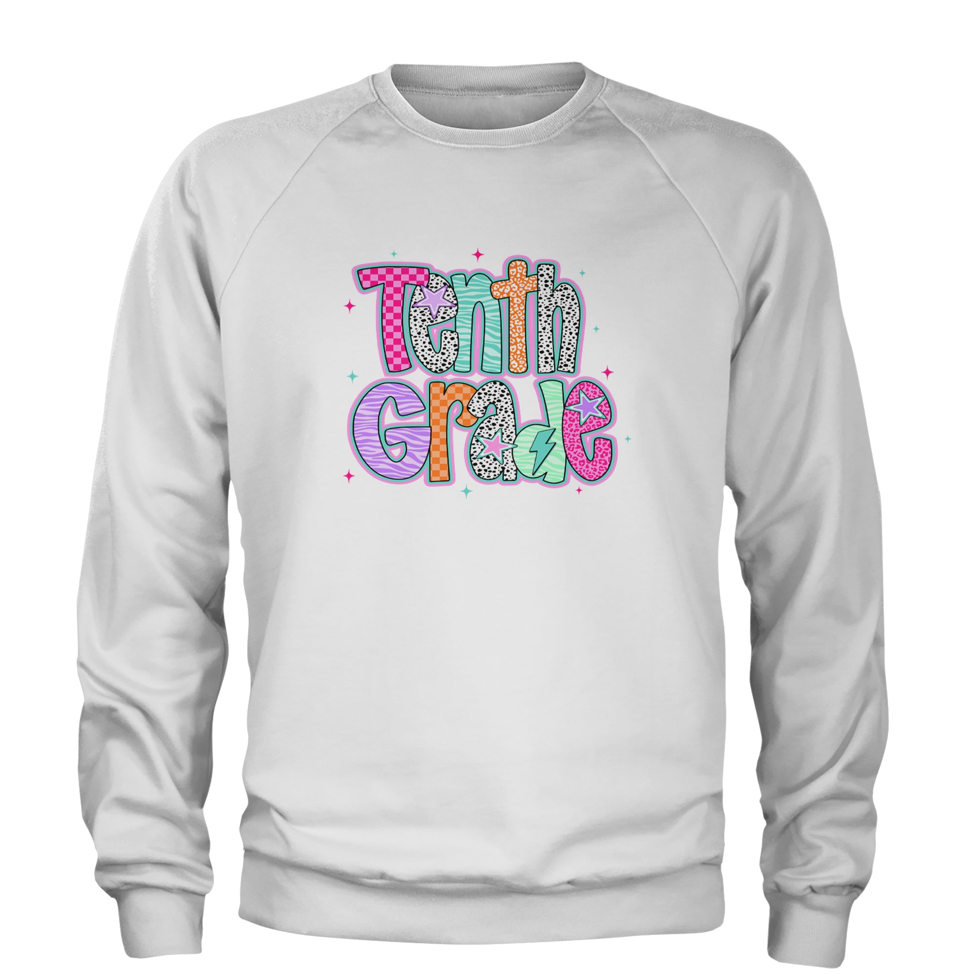 Tenth Grade Trendsetter Colorful Back to School Adult Crewneck Sweatshirt White