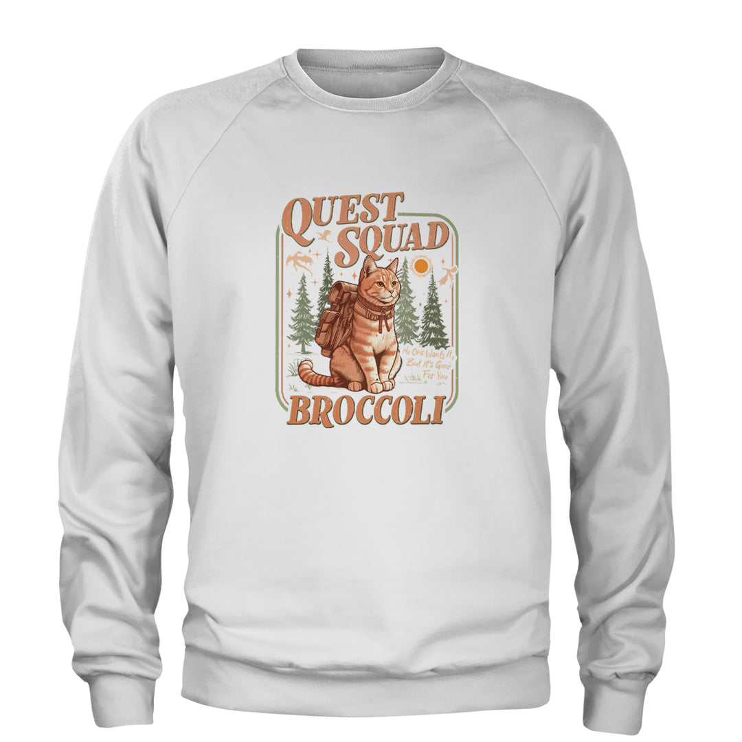 Quest Squad Broccoli Cat Fantasy Reader  Adult Crewneck Sweatshirt White