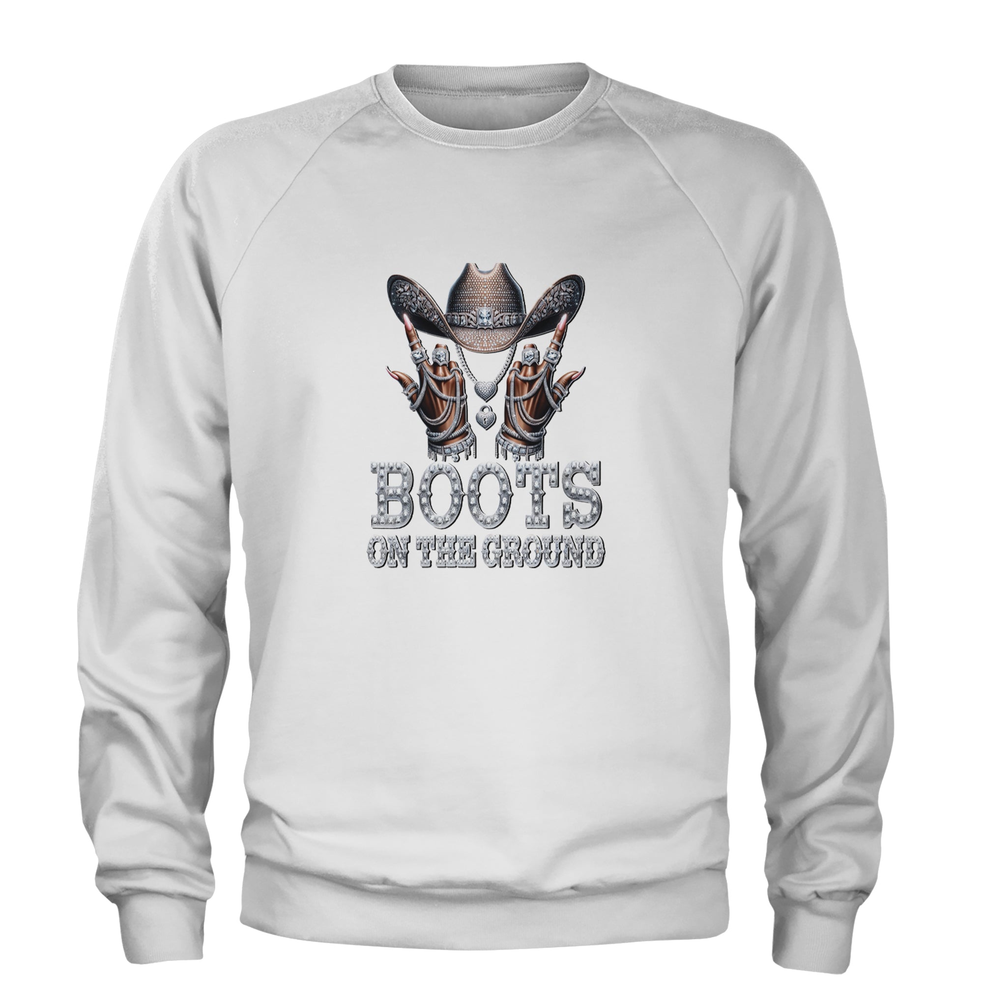 Boots On The Ground Bling Adult Crewneck Sweatshirt White