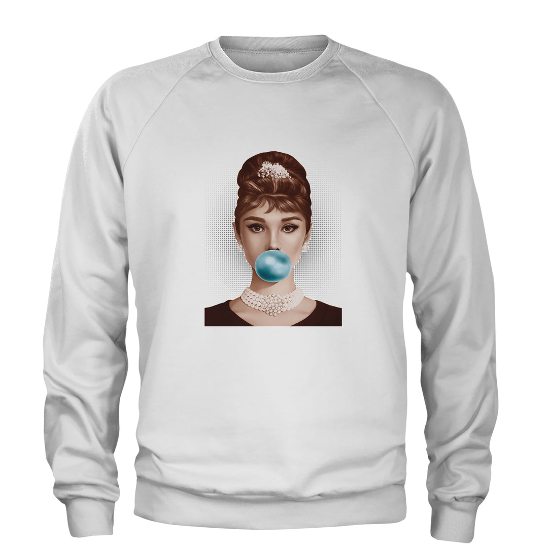 Audrey Hepburn Chewing Bubble Gum American Icon Adult Crewneck Sweatshirt White