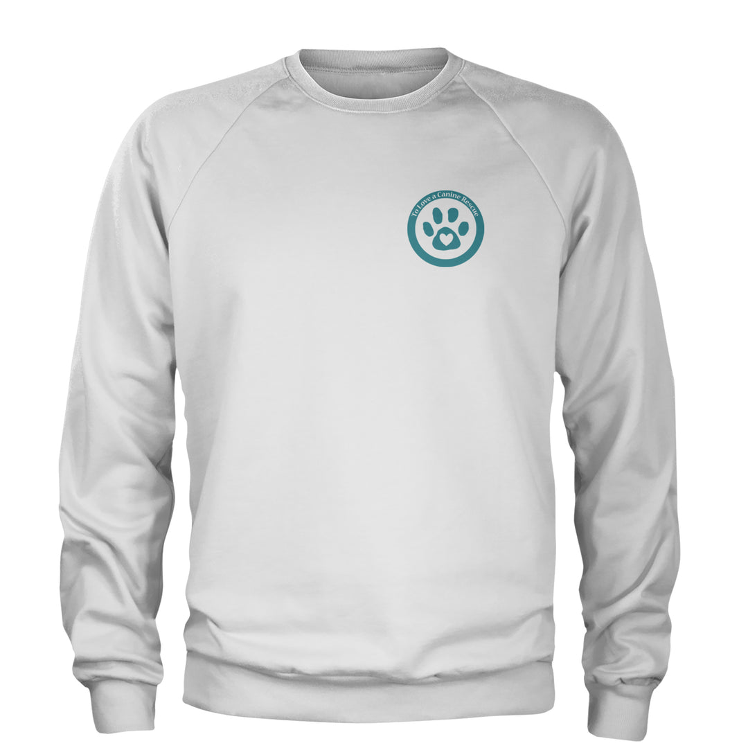 TLC To Love a Canine Dog Rescue Teal Adult Crewneck Sweatshirt White