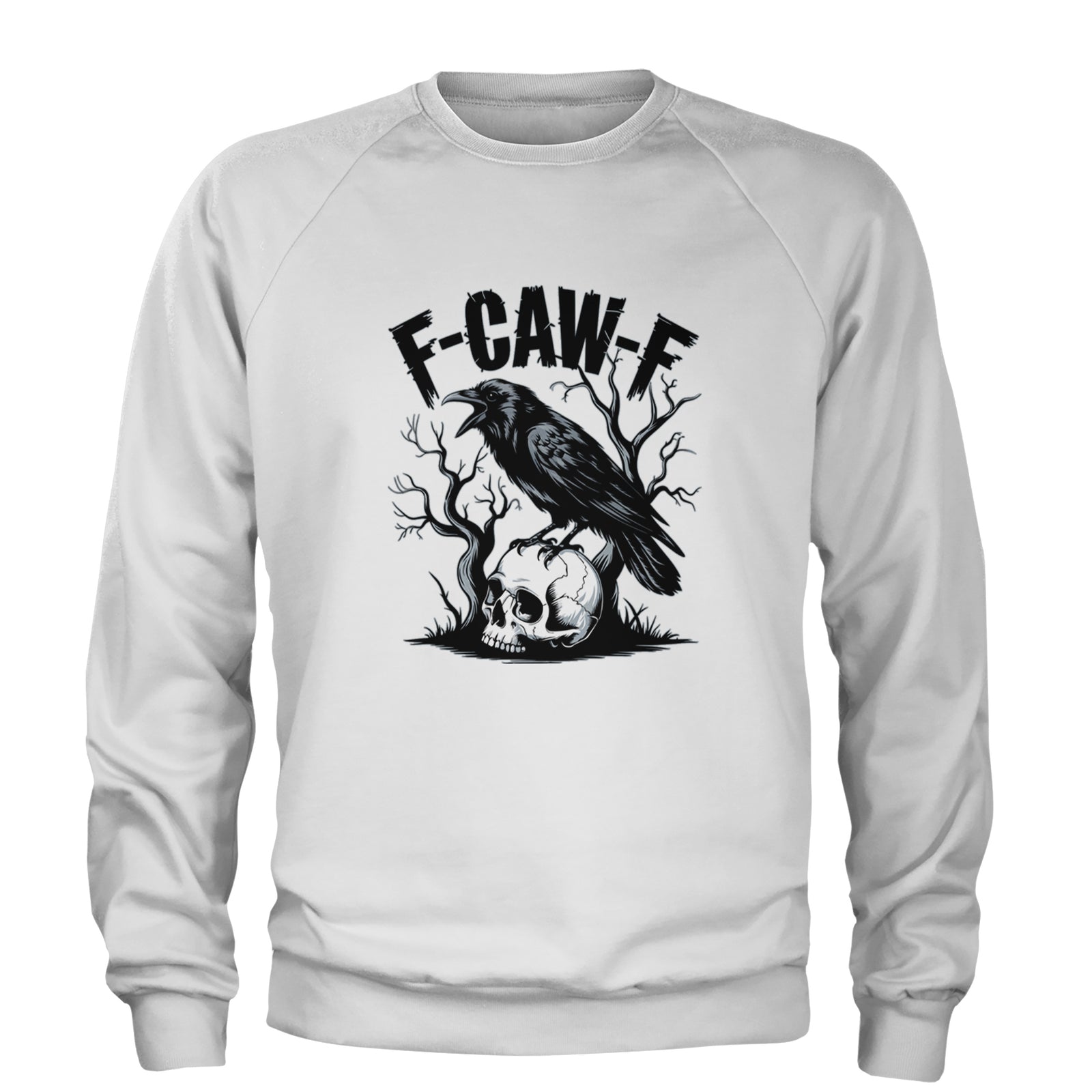 F-Caw-F Crow On Skull F-ck Off Gothic Adult Crewneck Sweatshirt White