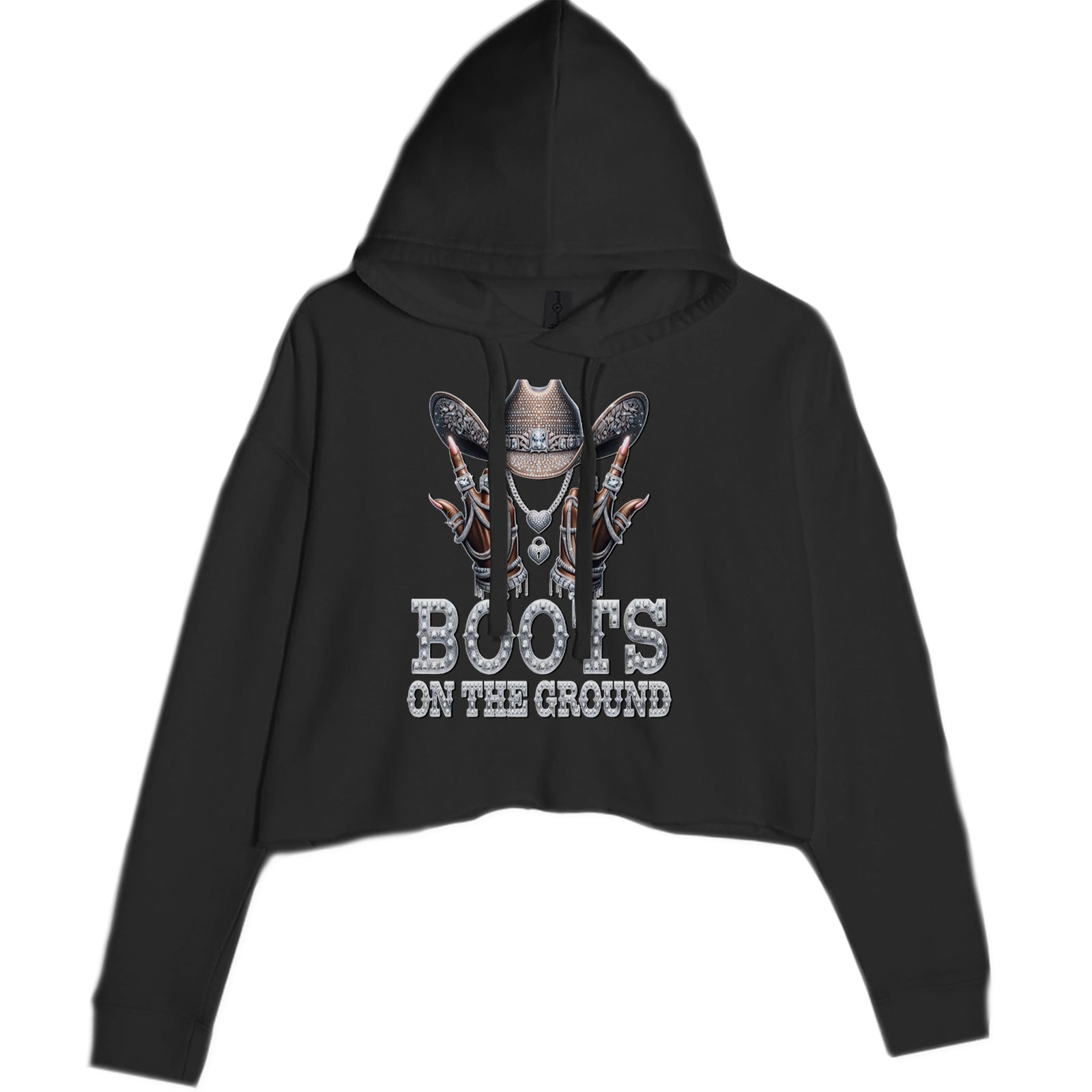 Boots On The Ground Bling Cropped Hoodie Sweatshirt Black