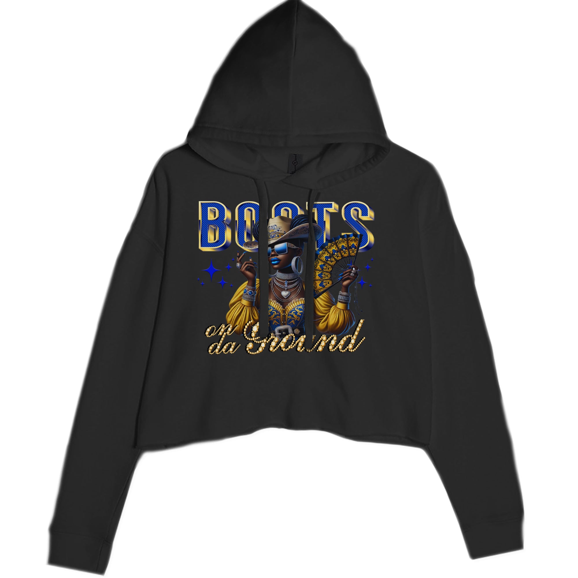 Boots On Da Ground Folding Fan Cropped Hoodie Sweatshirt Black