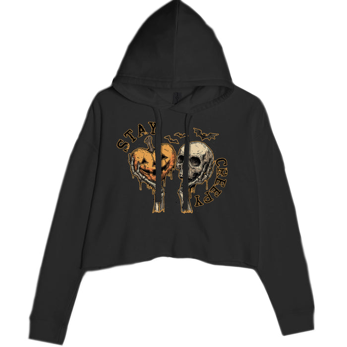 Stay Creepy Skull and Pumpkin Halloween Cropped Hoodie Sweatshirt
