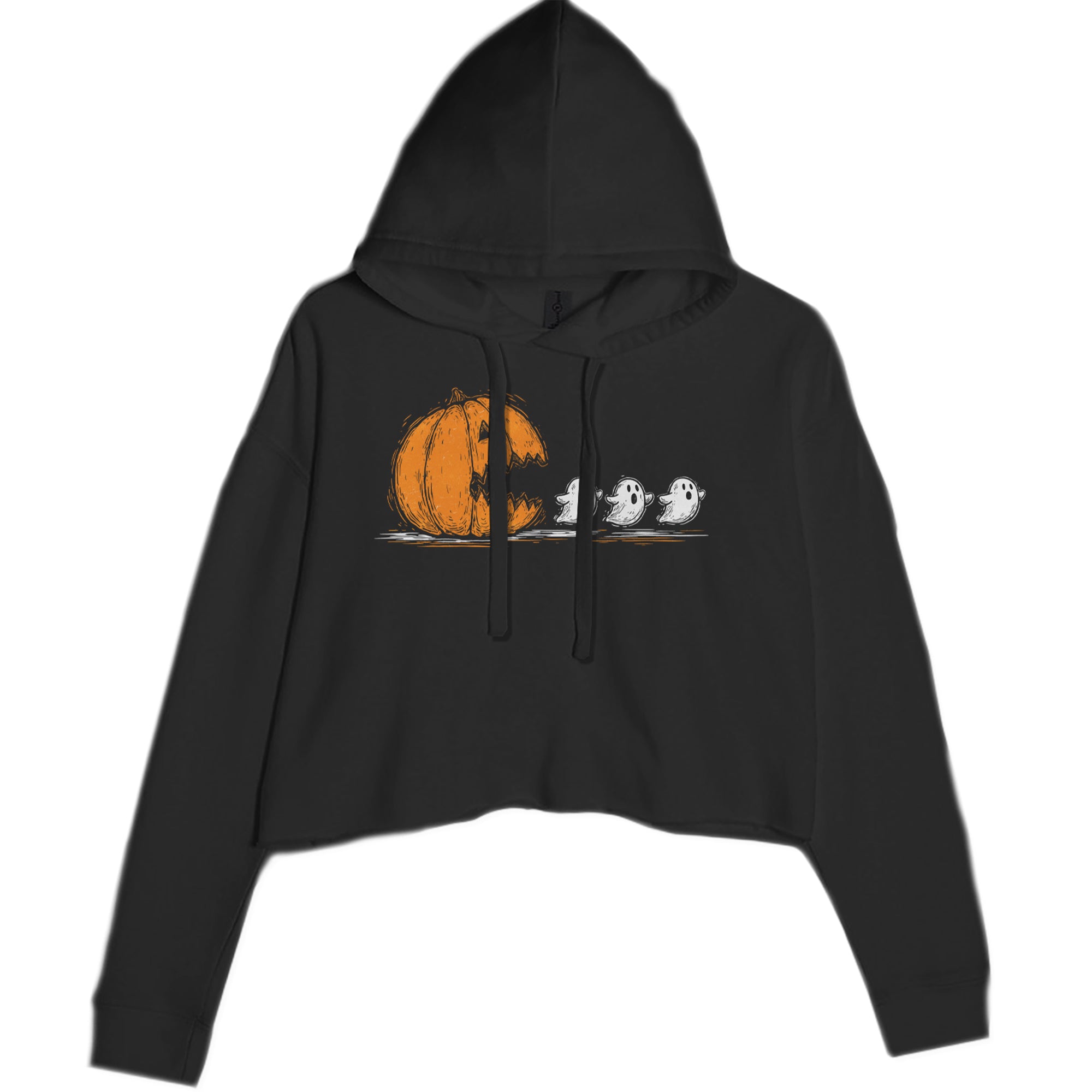 Pumpkin Pacman Chasing Ghosts Halloween Cropped Hoodie Sweatshirt Black