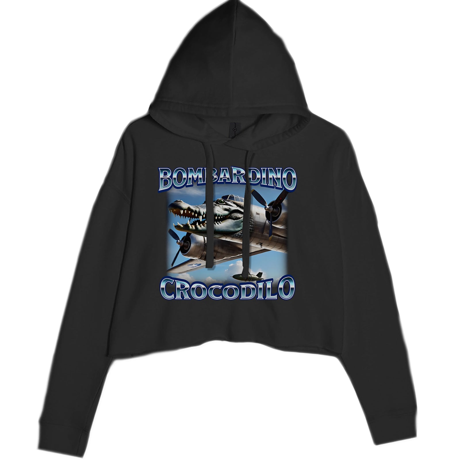 Bombardino Crocodilo Brainrot Cropped Hoodie Sweatshirt Black