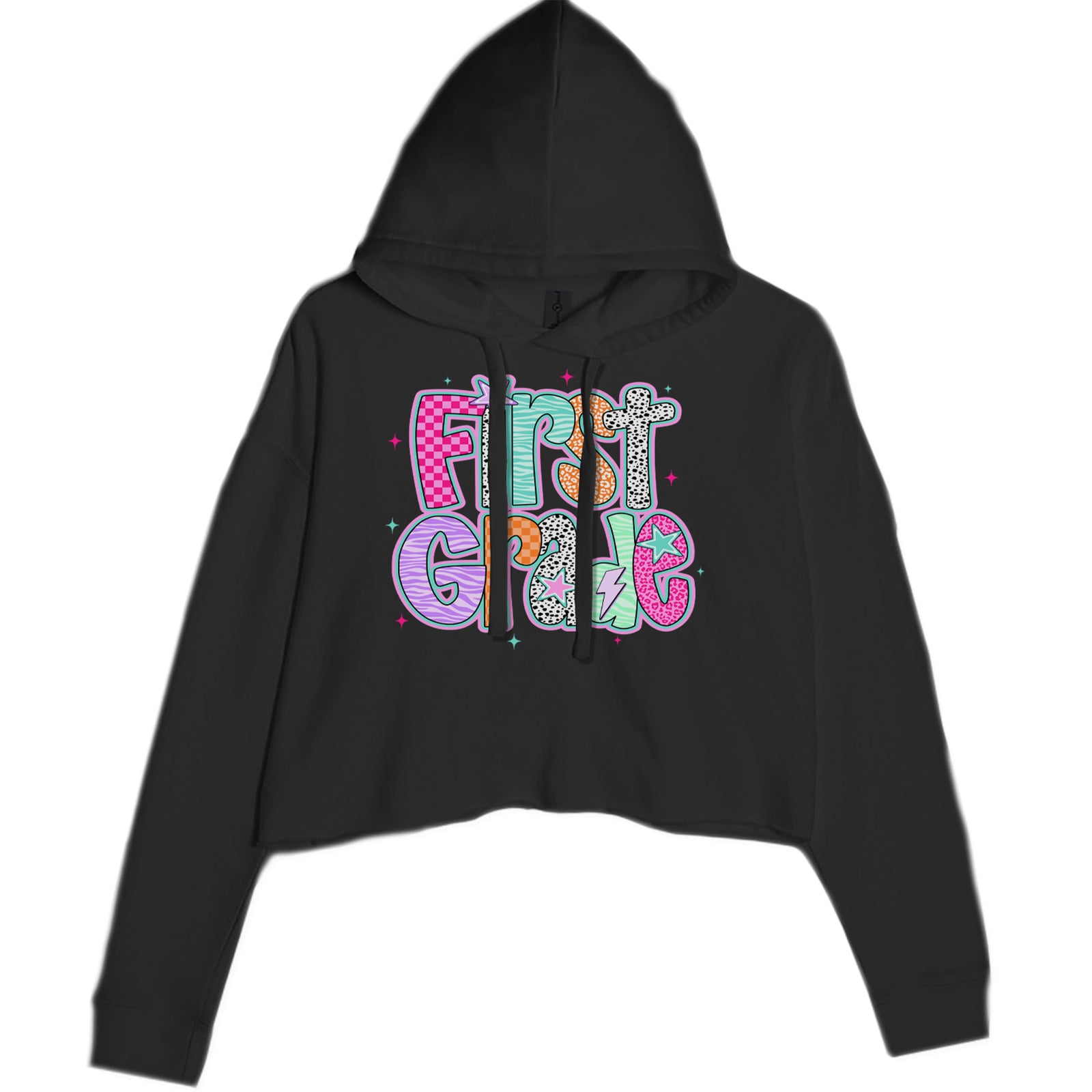 First Grade Vibes Colorful Back to School Cropped Hoodie Sweatshirt Black