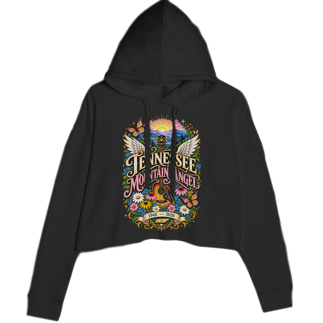 Tennessee Mountain Angel Wings Dolly Cropped Hoodie Sweatshirt Black