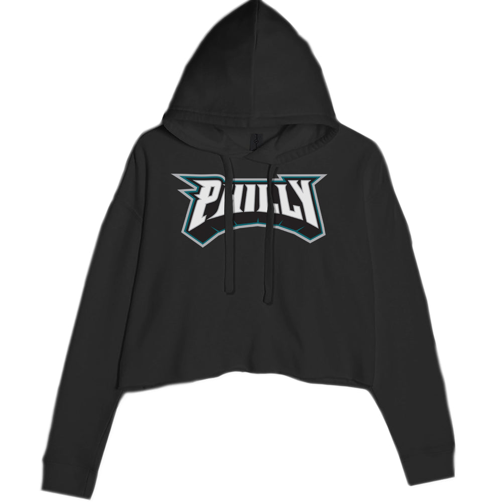 Philly Bold Block Throwback graphic on Women's Cropped Fleece Hoodie in Black