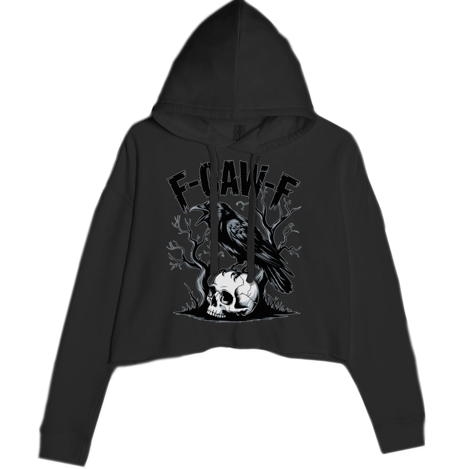 F-Caw-F Crow On Skull F-ck Off Gothic Cropped Hoodie Sweatshirt Charcoal Grey