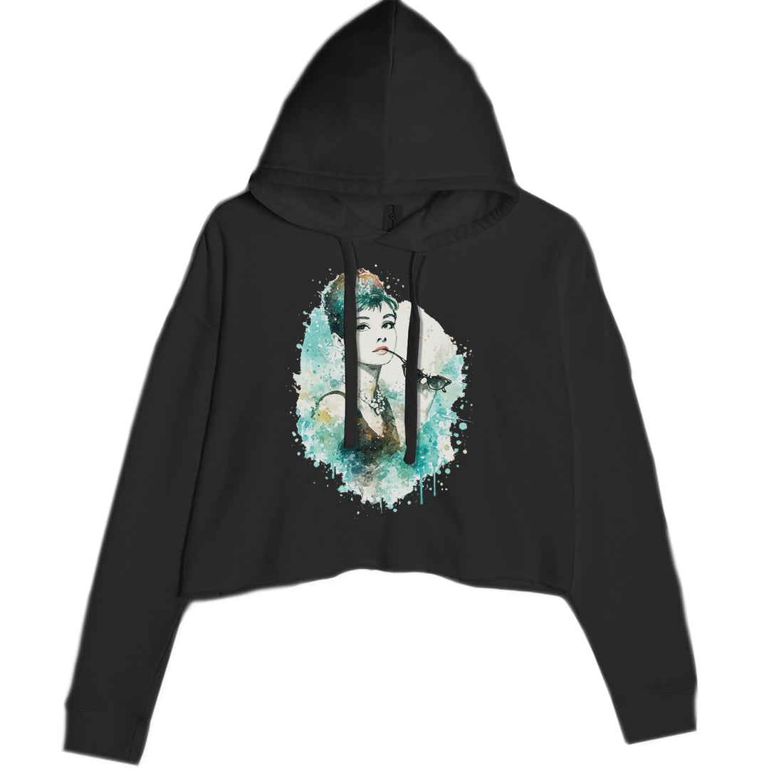 Mrs. Herpburn Iconic Watercolors Cropped Hoodie Sweatshirt Black