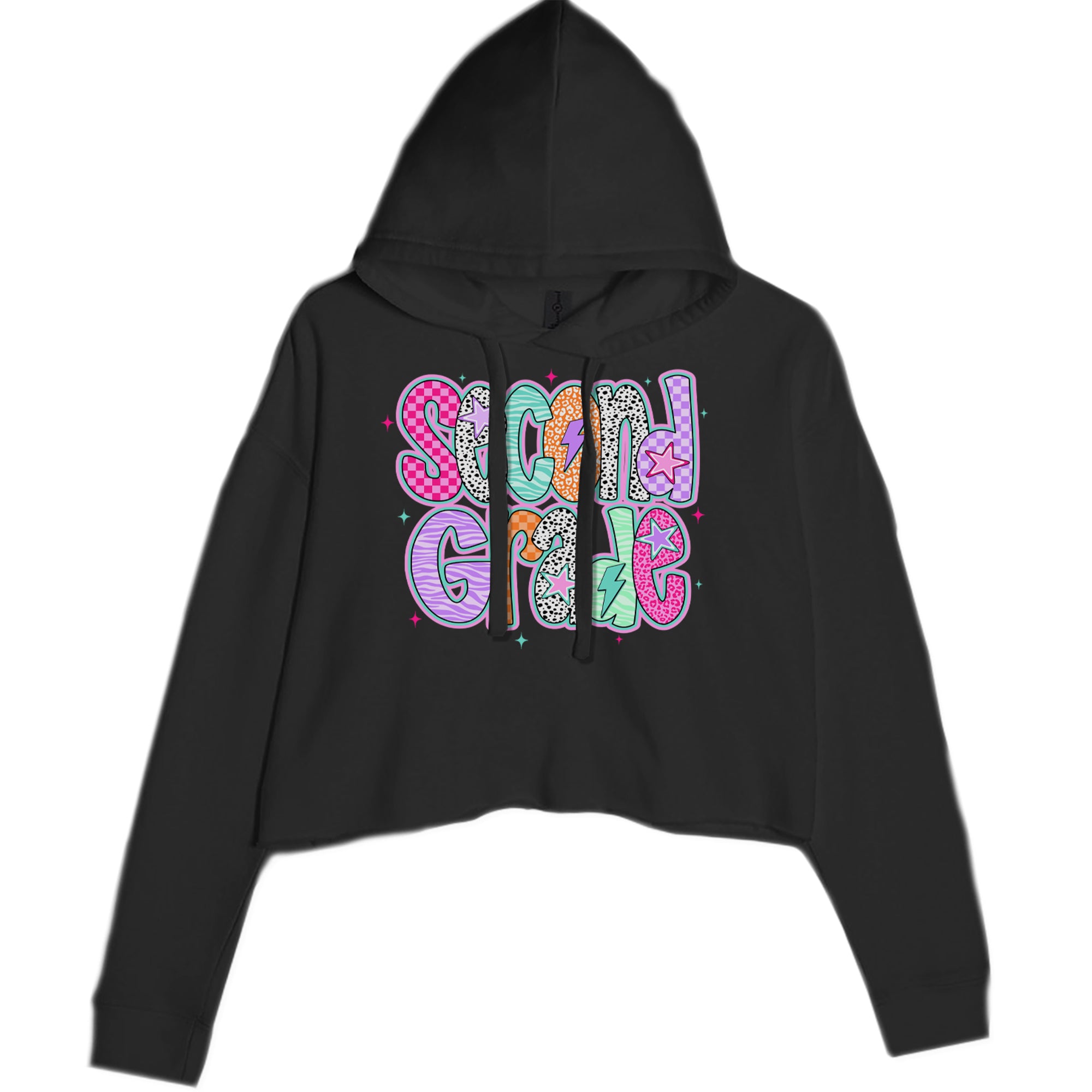 Second Grade Star Colorful Back to School Cropped Hoodie Sweatshirt Black