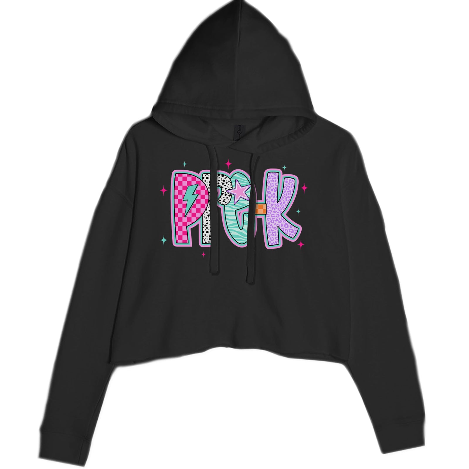 Pre-K Party Time Colorful Back to School Cropped Hoodie Sweatshirt Black