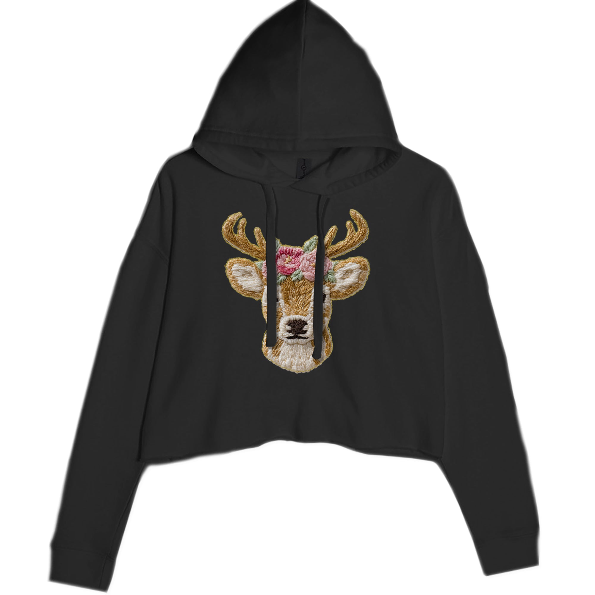 Vintage Reindeer Embroidery Art Soft Cottagecore Cropped Hoodie Sweatshirt Charcoal Grey