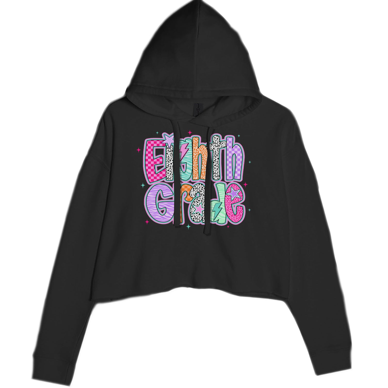 Eighth Grade Energy Colorful Back to School Cropped Hoodie Sweatshirt Black