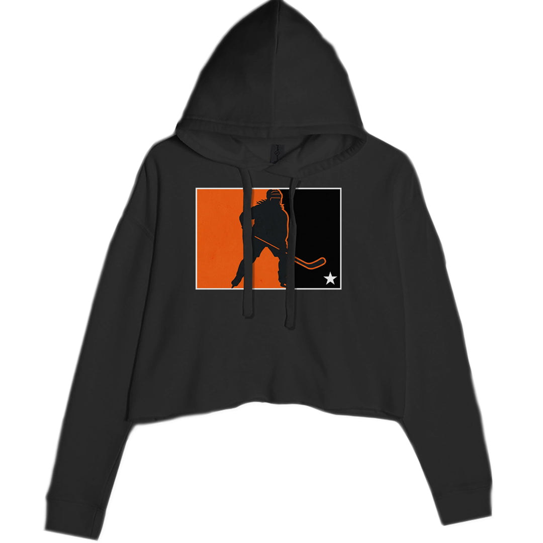 Old-school hockey skater silhouette graphic on Women's Cropped Fleece Hoodie with raw-edge waist hem and flat drawcord hood