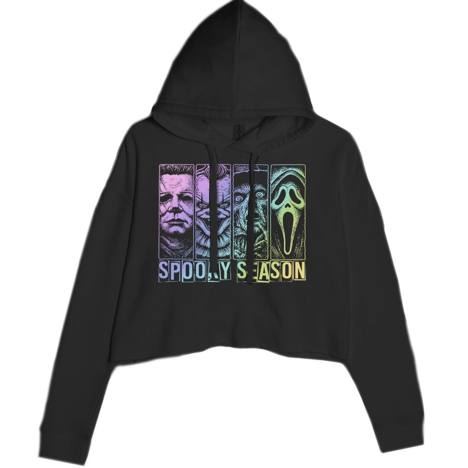Spooky Season Horror Icons Halloween Cropped Hoodie Sweatshirt Black