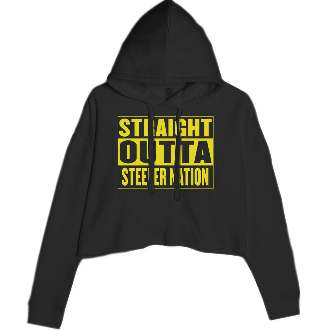 Women's cropped fleece hoodie with "Straight Outta Steeler Nation" football fan artwork and a bold black-and-gold pride vibe