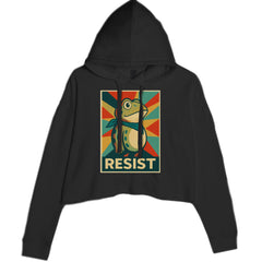 Spotted protest frog in a vintage poster style with bold "RESIST" on a women's cropped fleece hoodie