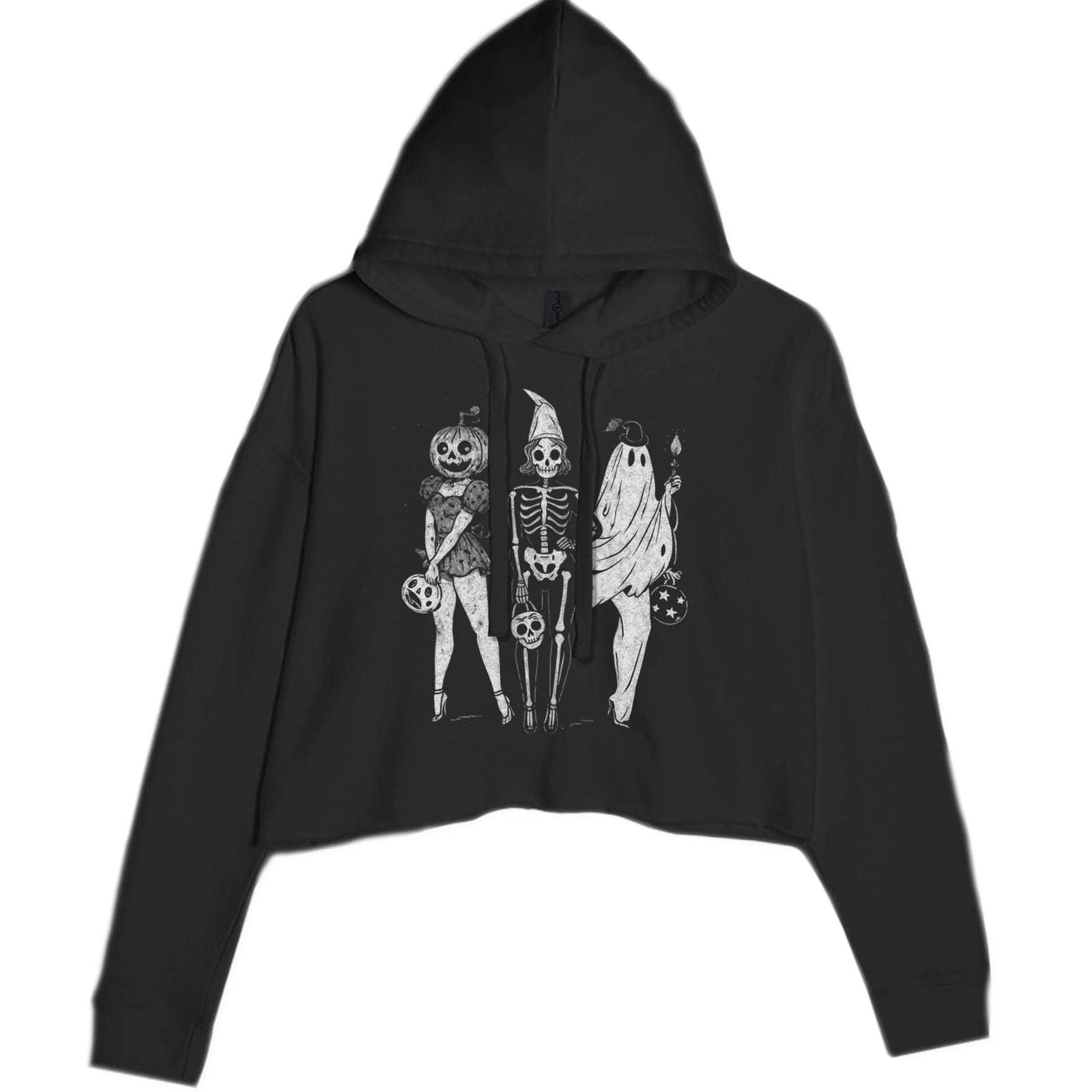 Vintage Spooky Squad Pinup Halloween Design Cropped Hoodie Sweatshirt Black