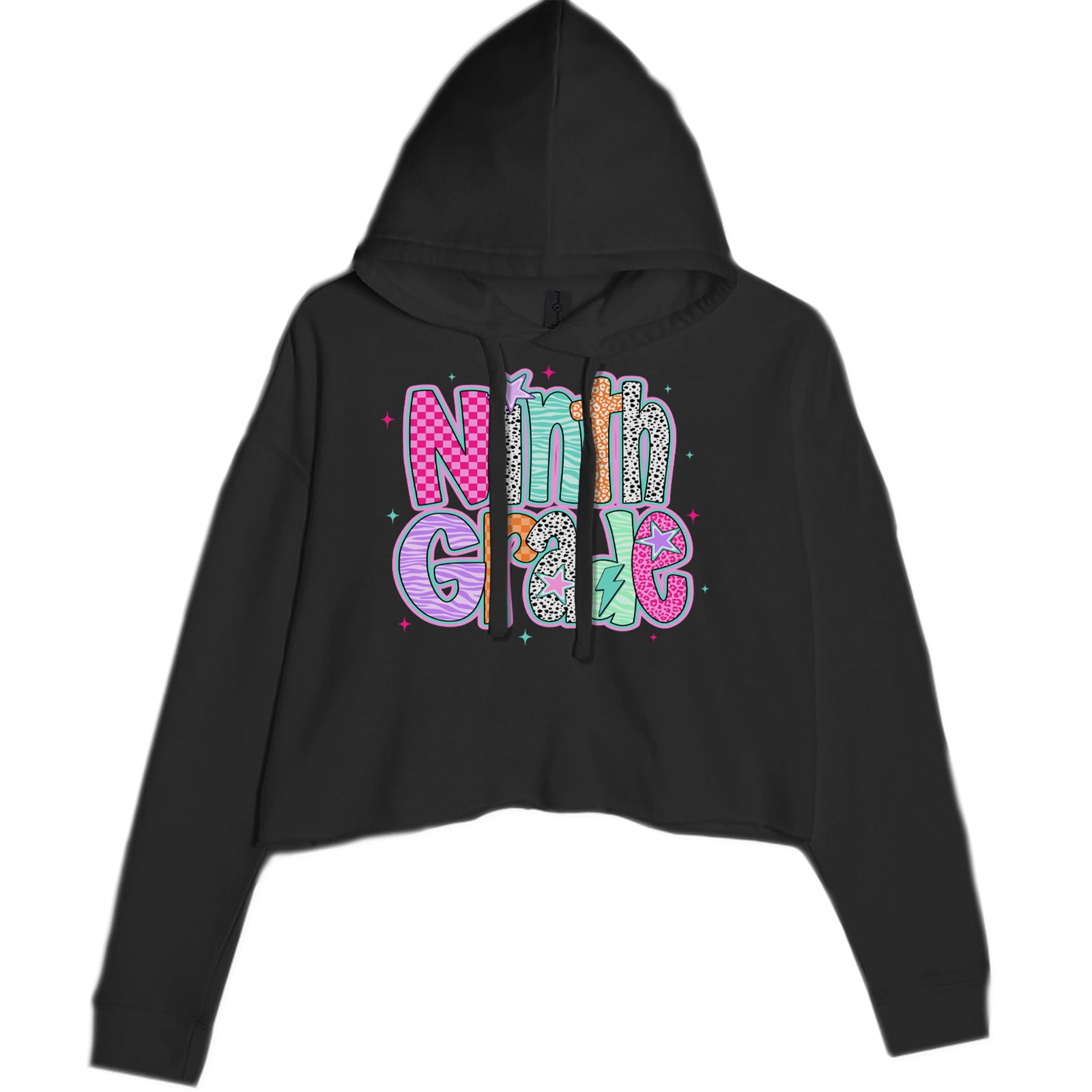 Ninth Grade Freshman Vibes Colorful Back to School Cropped Hoodie Sweatshirt Black