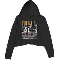 Women's cropped fleece hoodie with "THUG LIFE" text above a tough stoop-squad of older ladies