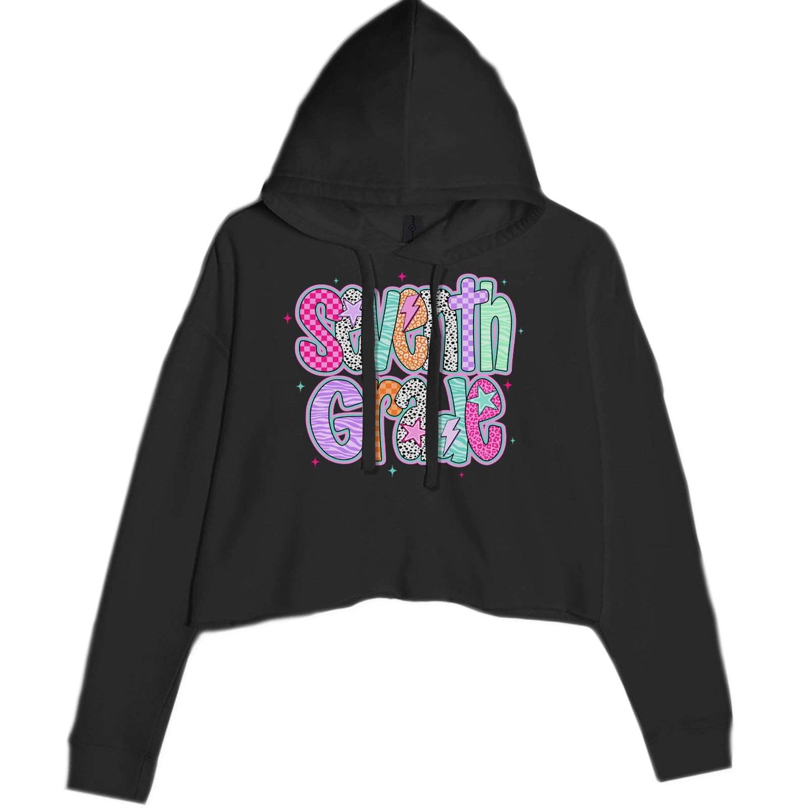 Seventh Grade Swagger Colorful Back to School Cropped Hoodie Sweatshirt Black