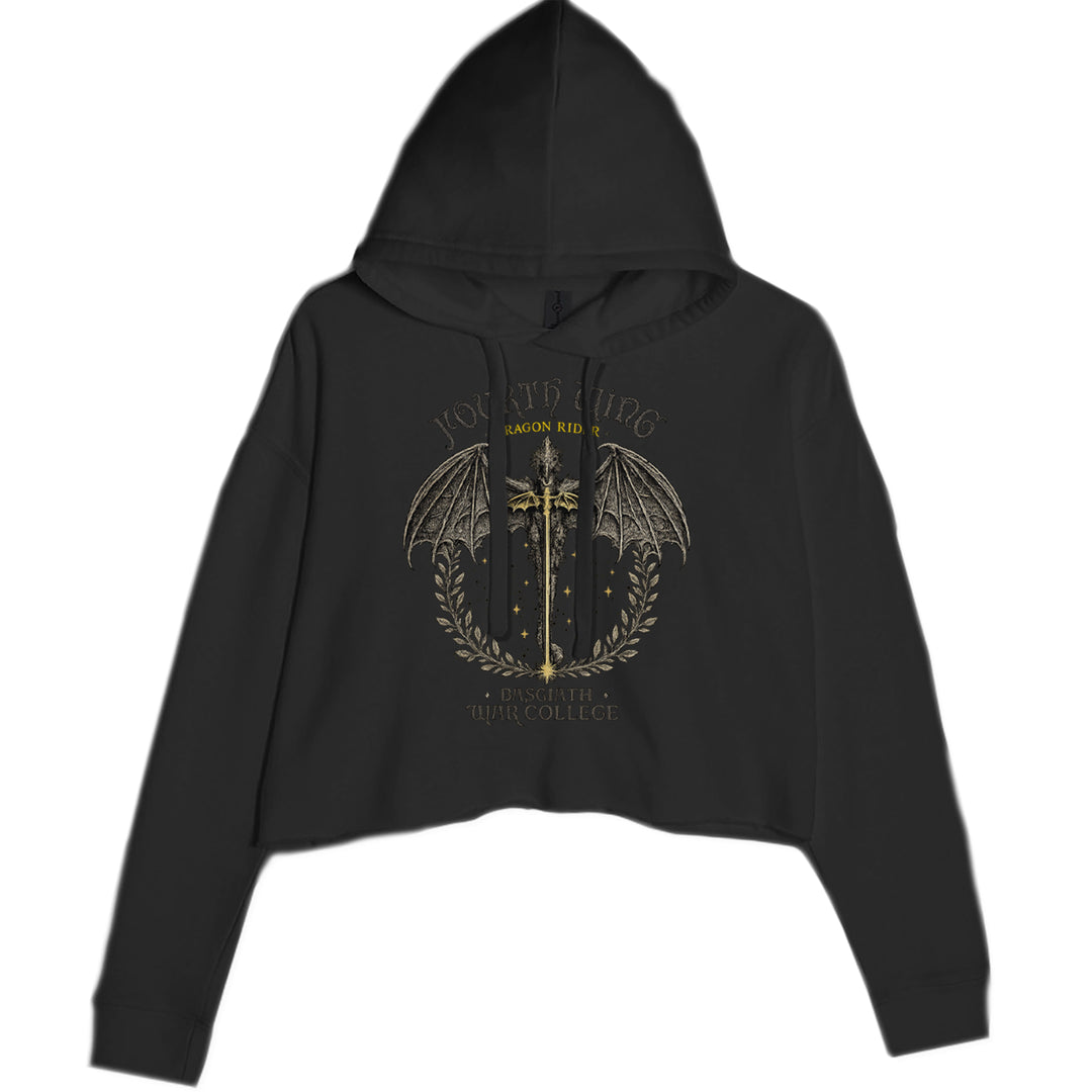 Women's cropped fleece hoodie with a winged dragon inside a laurel frame and "Fourth Wing" "Dragon Rider" "Basgiath War College" text