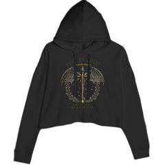 Women's cropped fleece hoodie with a winged dragon inside a laurel frame and "Fourth Wing" "Dragon Rider" "Basgiath War College" text