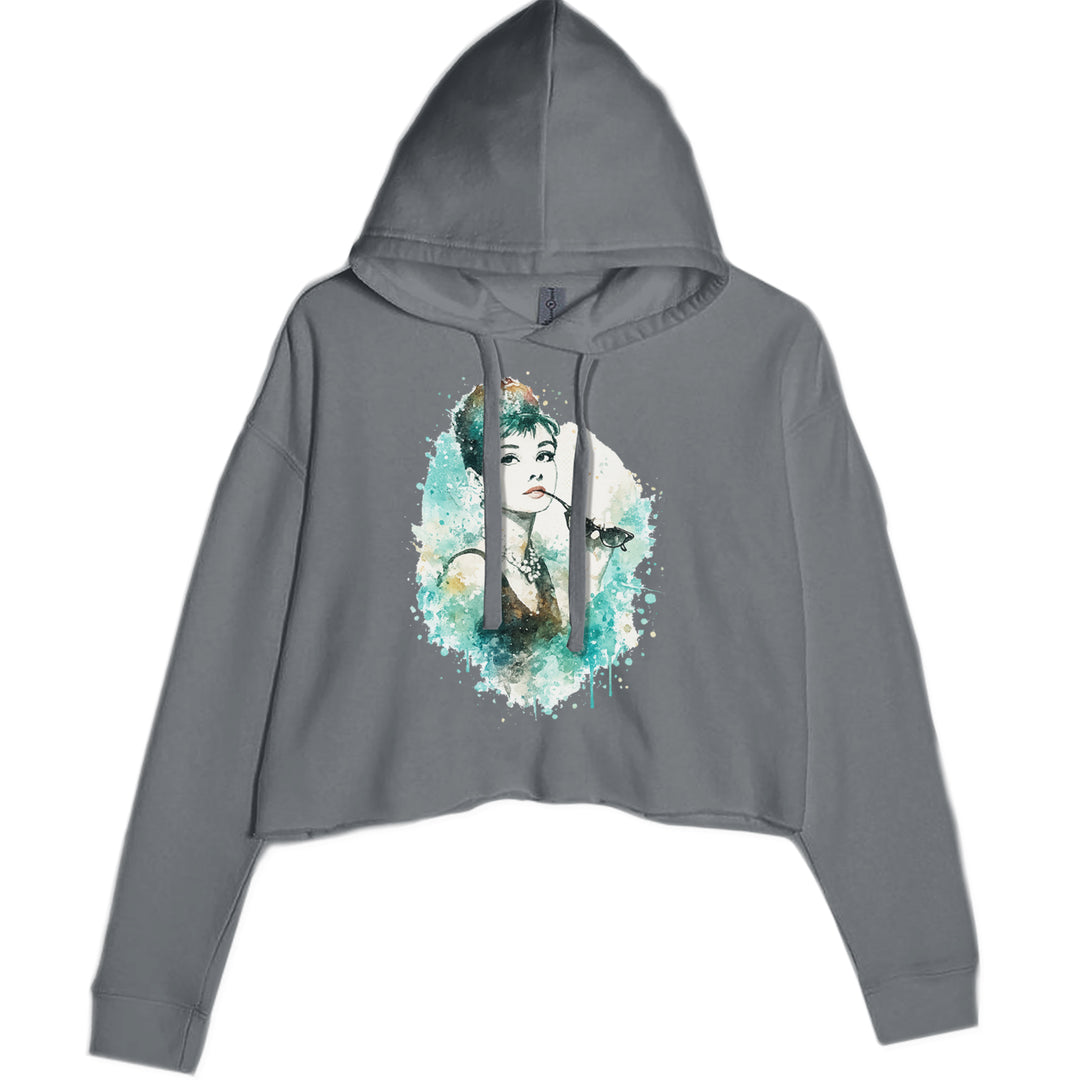 Mrs. Herpburn Iconic Watercolors Cropped Hoodie Sweatshirt Charcoal Grey