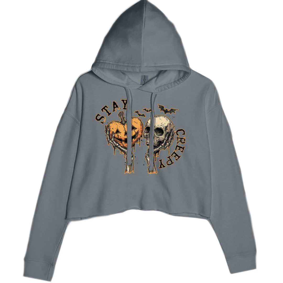 Stay Creepy Skull and Pumpkin Halloween Cropped Hoodie Sweatshirt Charcoal Grey