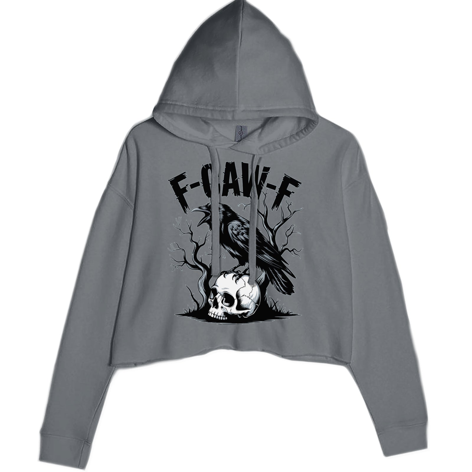 F-Caw-F Crow On Skull F-ck Off Gothic Cropped Hoodie Sweatshirt Charcoal Grey