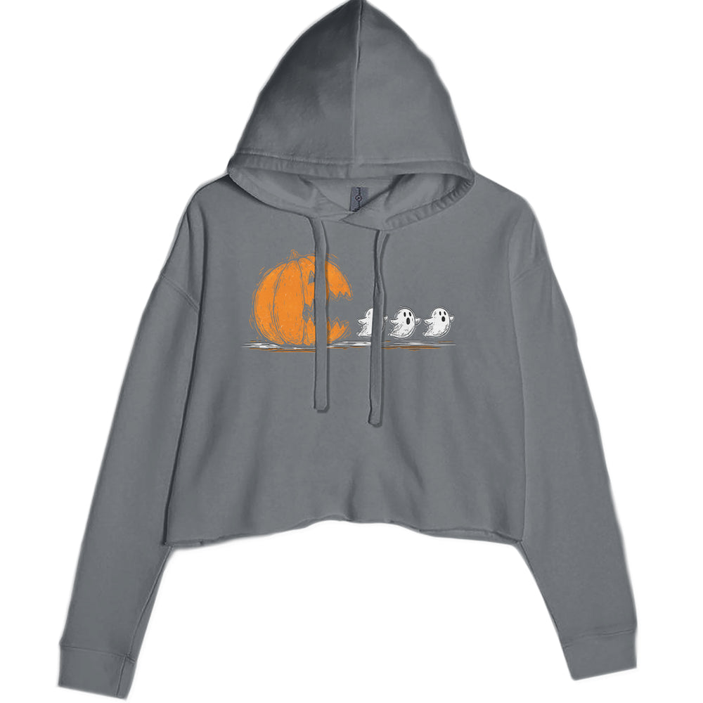 Pumpkin Pacman Chasing Ghosts Halloween graphic on Women's Cropped Fleece Hoodie in Charcoal Grey