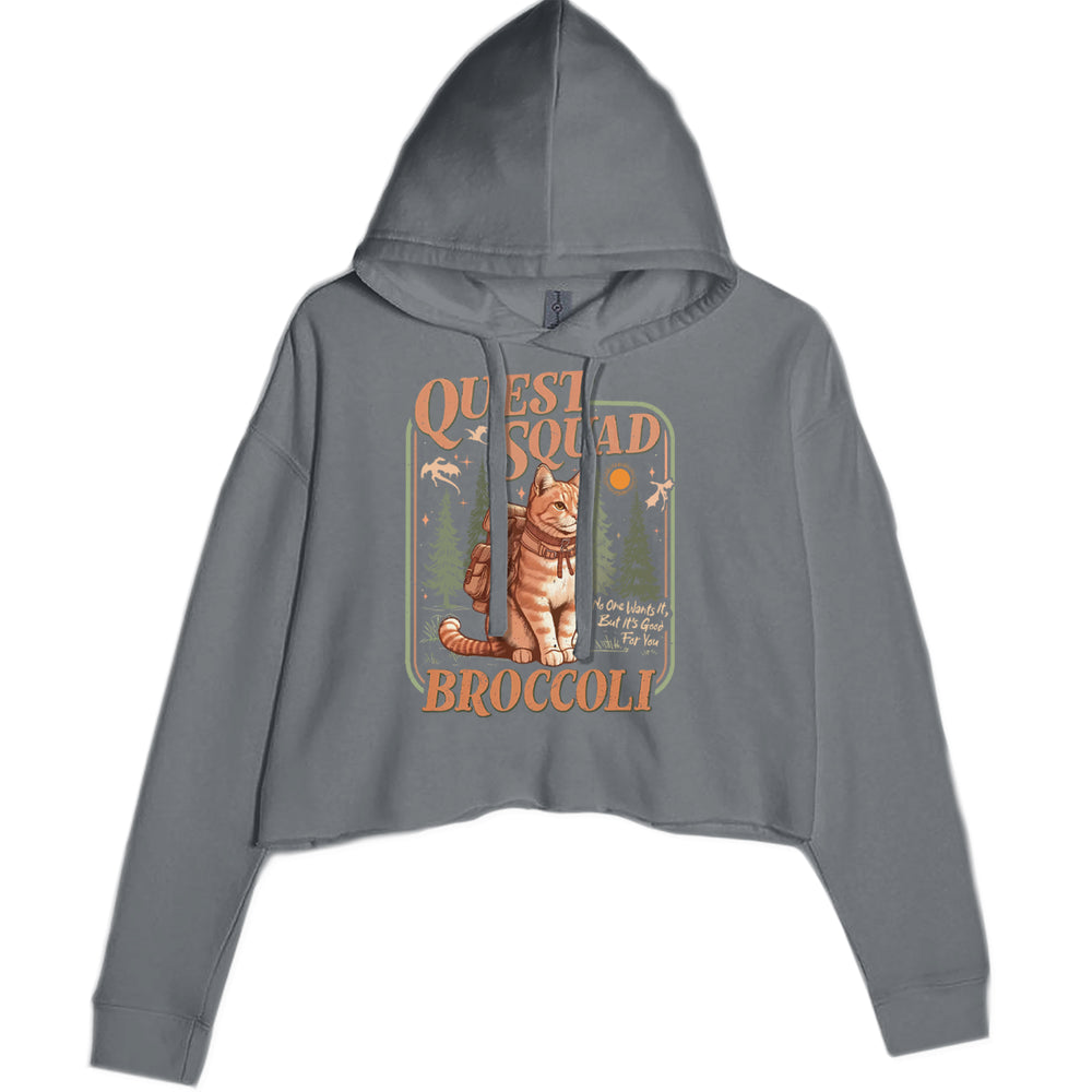 Quest Squad Broccoli Cat Fantasy Reader graphic on Women's Cropped Fleece Hoodie in Charcoal Grey