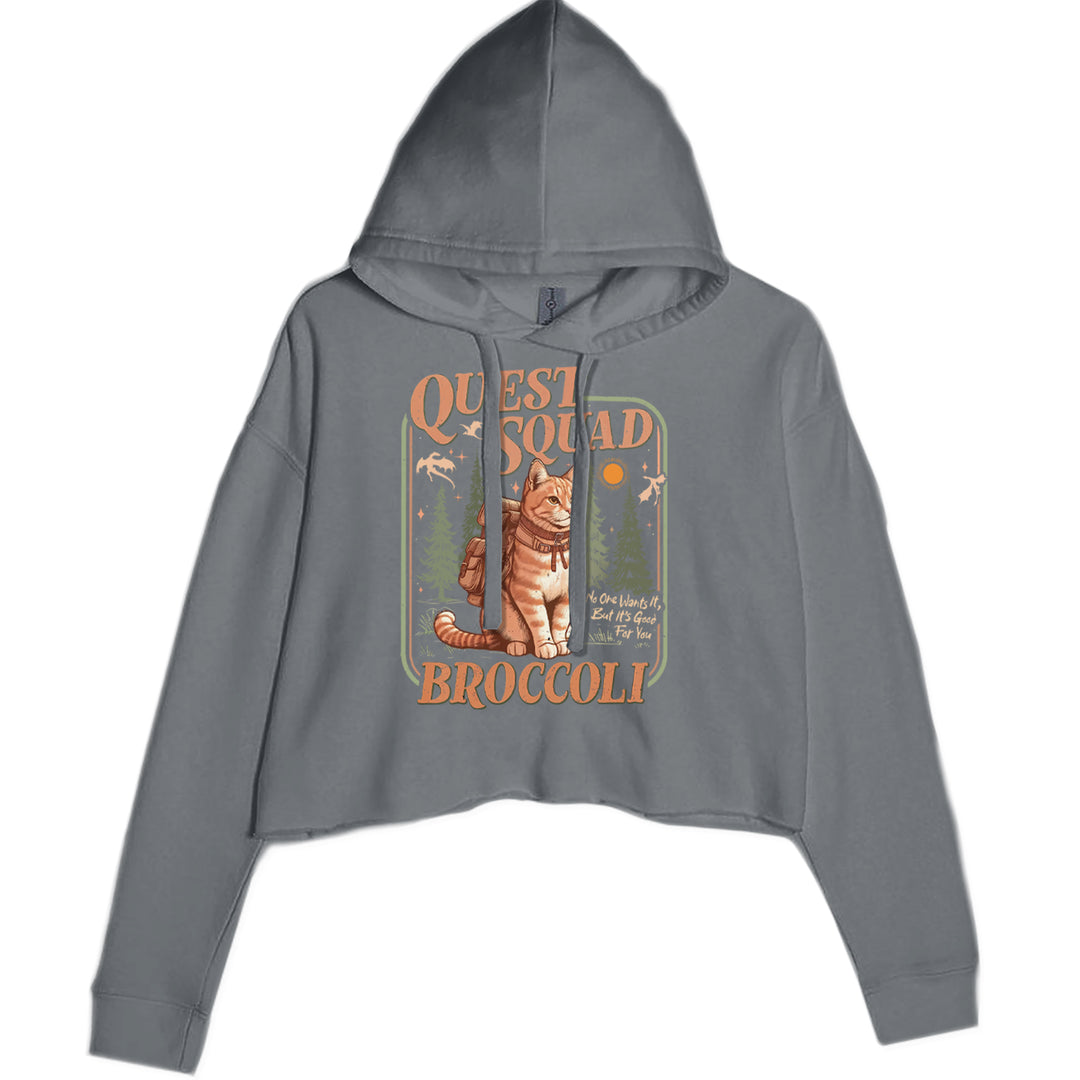 Quest Squad Broccoli Cat Fantasy Reader graphic on Women's Cropped Fleece Hoodie in Charcoal Grey