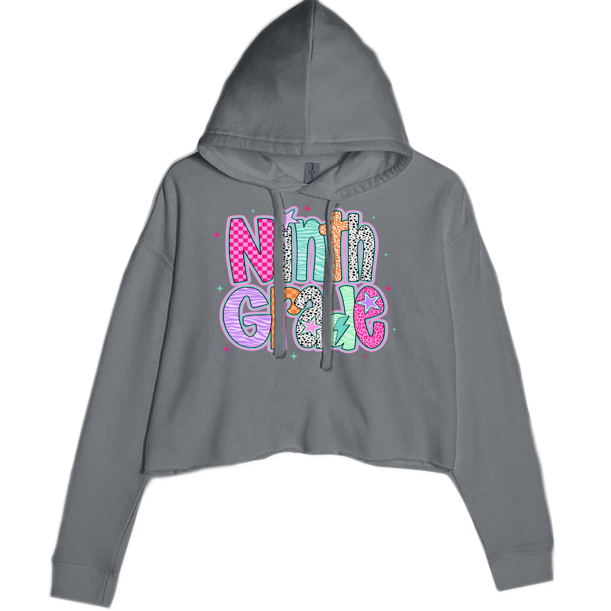Ninth Grade Freshman Vibes Colorful Back to School Cropped Hoodie Sweatshirt Charcoal Grey