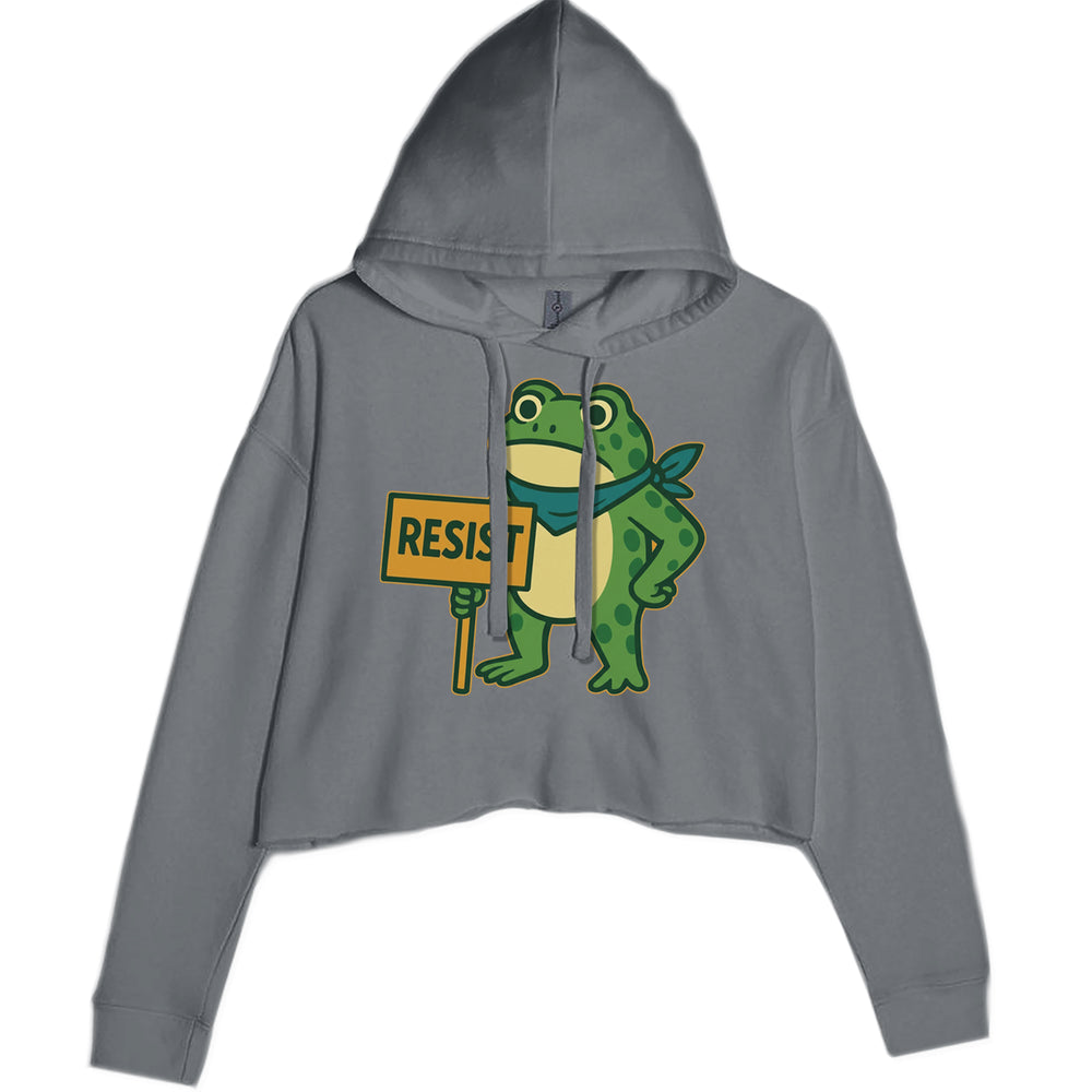 Sign Resist Meme Frog Protest graphic on Women's Cropped Fleece Hoodie in Charcoal Grey